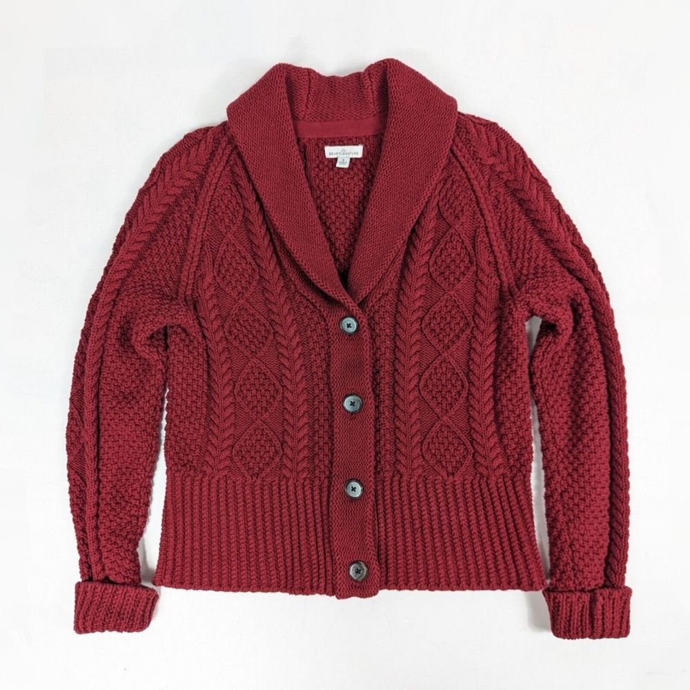 LL Bean Signature Cable Knit Cardigan Sweater Womens Small Burgundy Red Cotton